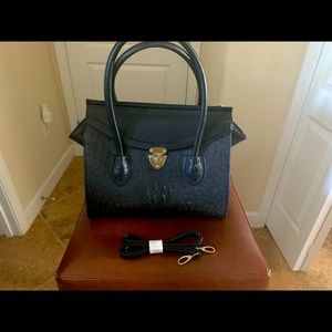 Black Italian leather alligator bag shoulder strap